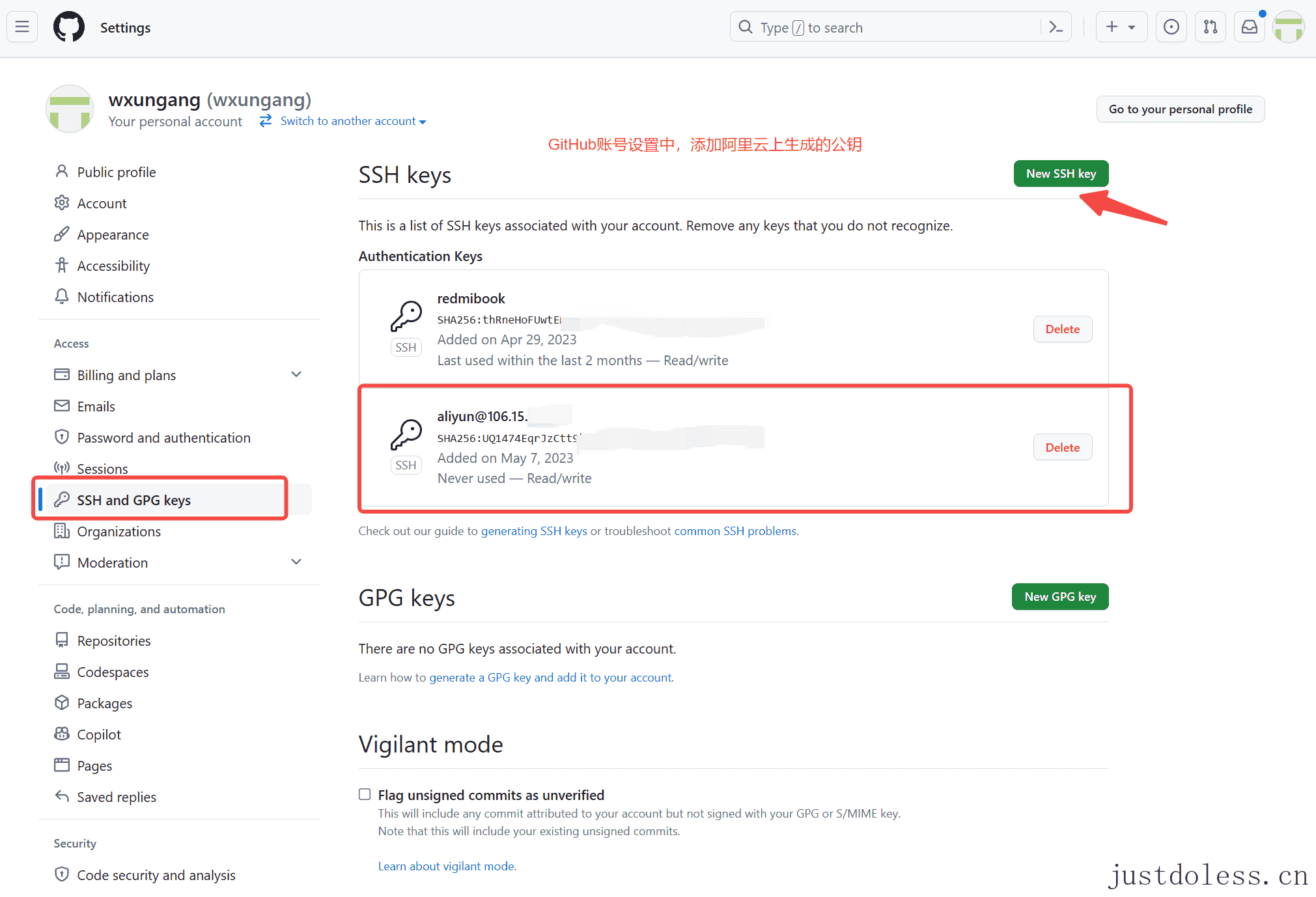 公钥配置在GitHub账号下(settings/SSH keys)